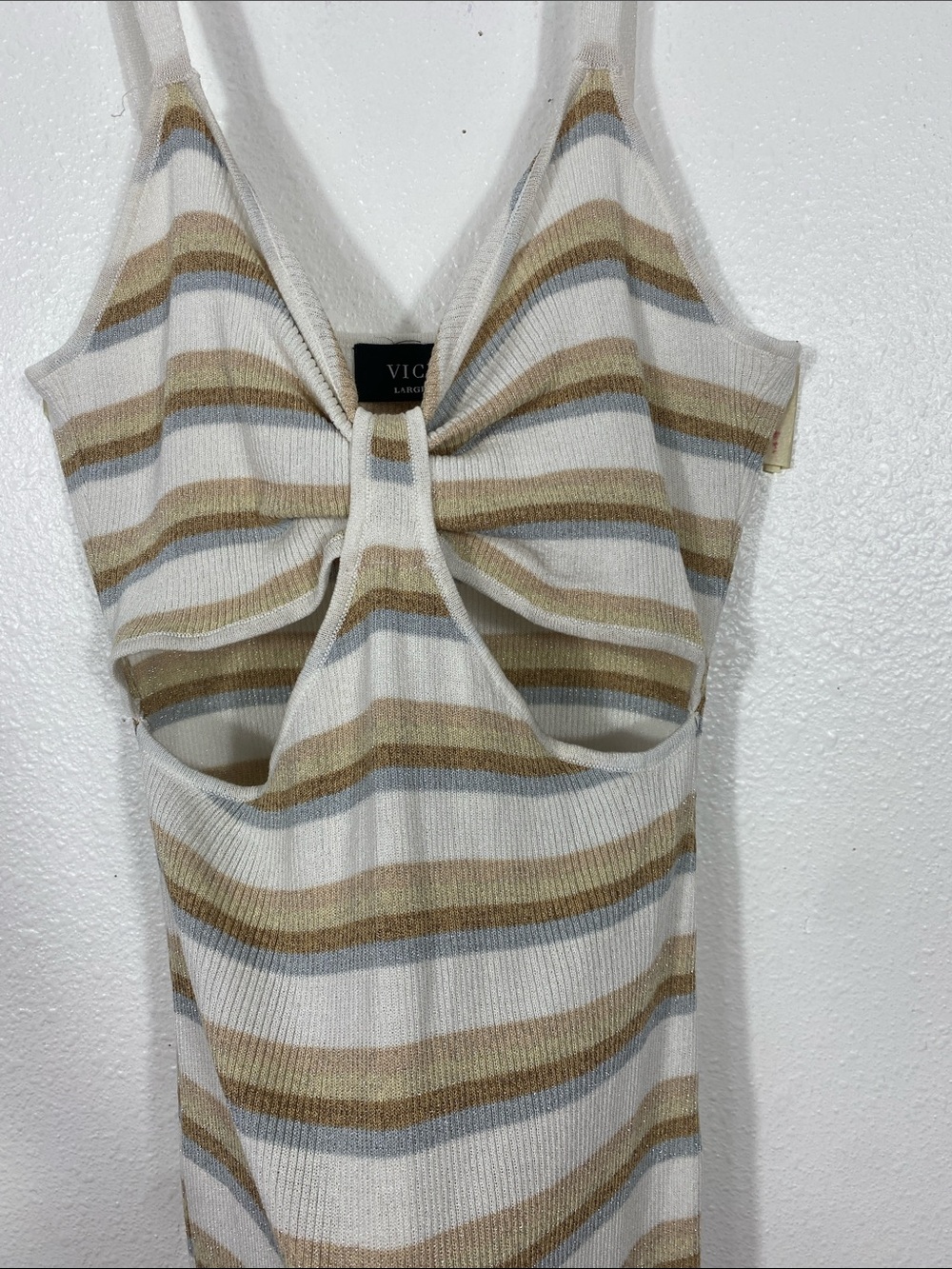Vici Beige and White Striped Twist Cutout Midi Dress Stretch Size L 79% Viscose - Picture 5 of 16